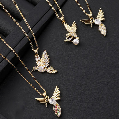 Sweet Simple Style Bird Copper Gold Plated Zircon Pendant Necklace In Bulk