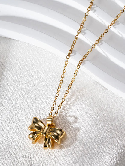 Sweet Simple Style Bow Knot Stainless Steel 18k Gold Plated Pendant Necklace