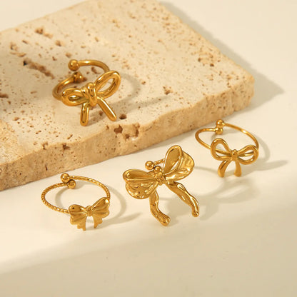 Sweet Simple Style Butterfly Bow Knot 304 Stainless Steel 18K Gold Plated Open Rings In Bulk