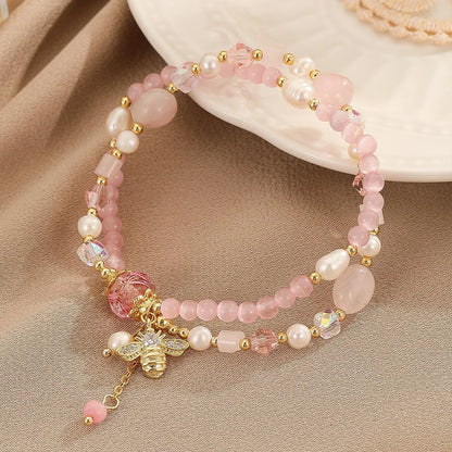 Sweet Simple Style Flower Bee Zircon Freshwater Pearl Pink Crystal Copper Wholesale Bracelets