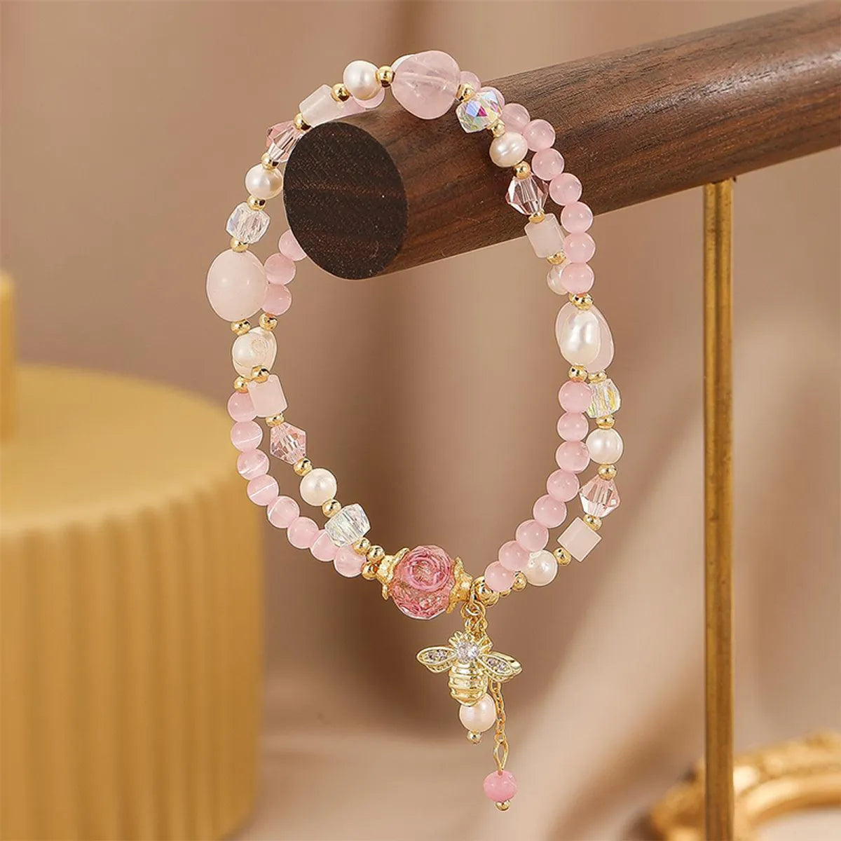 Sweet Simple Style Flower Bee Zircon Freshwater Pearl Pink Crystal Copper Wholesale Bracelets