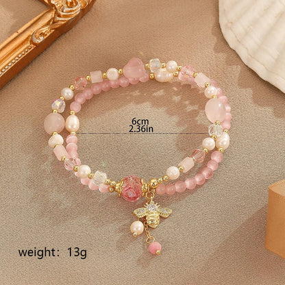 Sweet Simple Style Flower Bee Zircon Freshwater Pearl Pink Crystal Copper Wholesale Bracelets