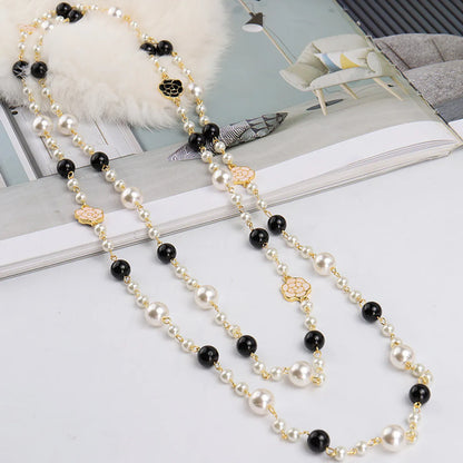 Sweet Simple Style Flower Imitation Pearl Alloy Beaded Enamel Women's Long Necklace