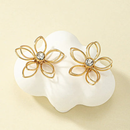 Sweet Simple Style Flower Metal Plating Hollow Out Inlay Zircon Women's Ear Studs