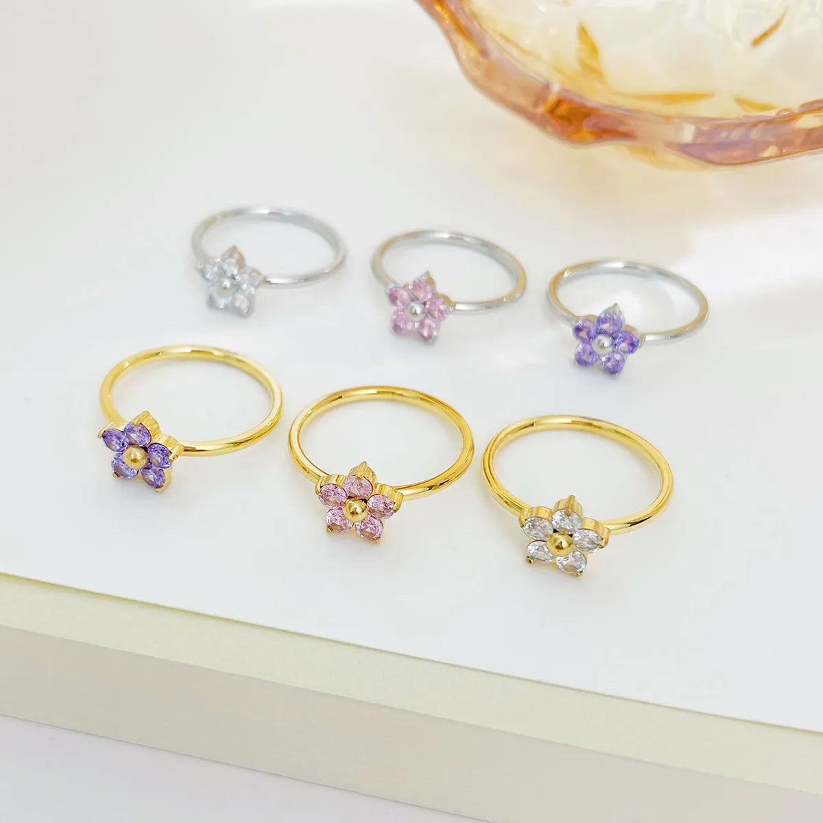 Sweet Simple Style Flower Stainless Steel Plating Inlay Zircon White Gold Plated Gold Plated Rings