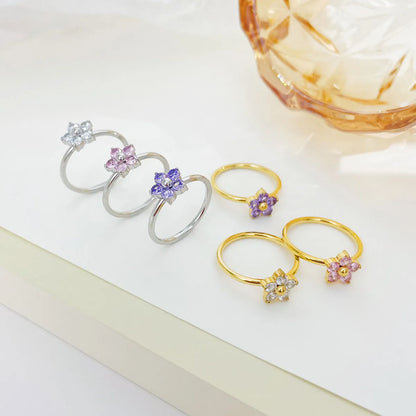 Sweet Simple Style Flower Stainless Steel Plating Inlay Zircon White Gold Plated Gold Plated Rings