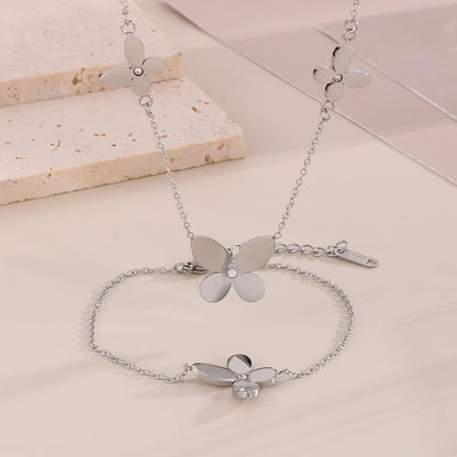 Sweet Simple Style Four Leaf Clover Titanium Steel Plating Inlay Artificial Diamond 18k Gold Plated Bracelets Necklace