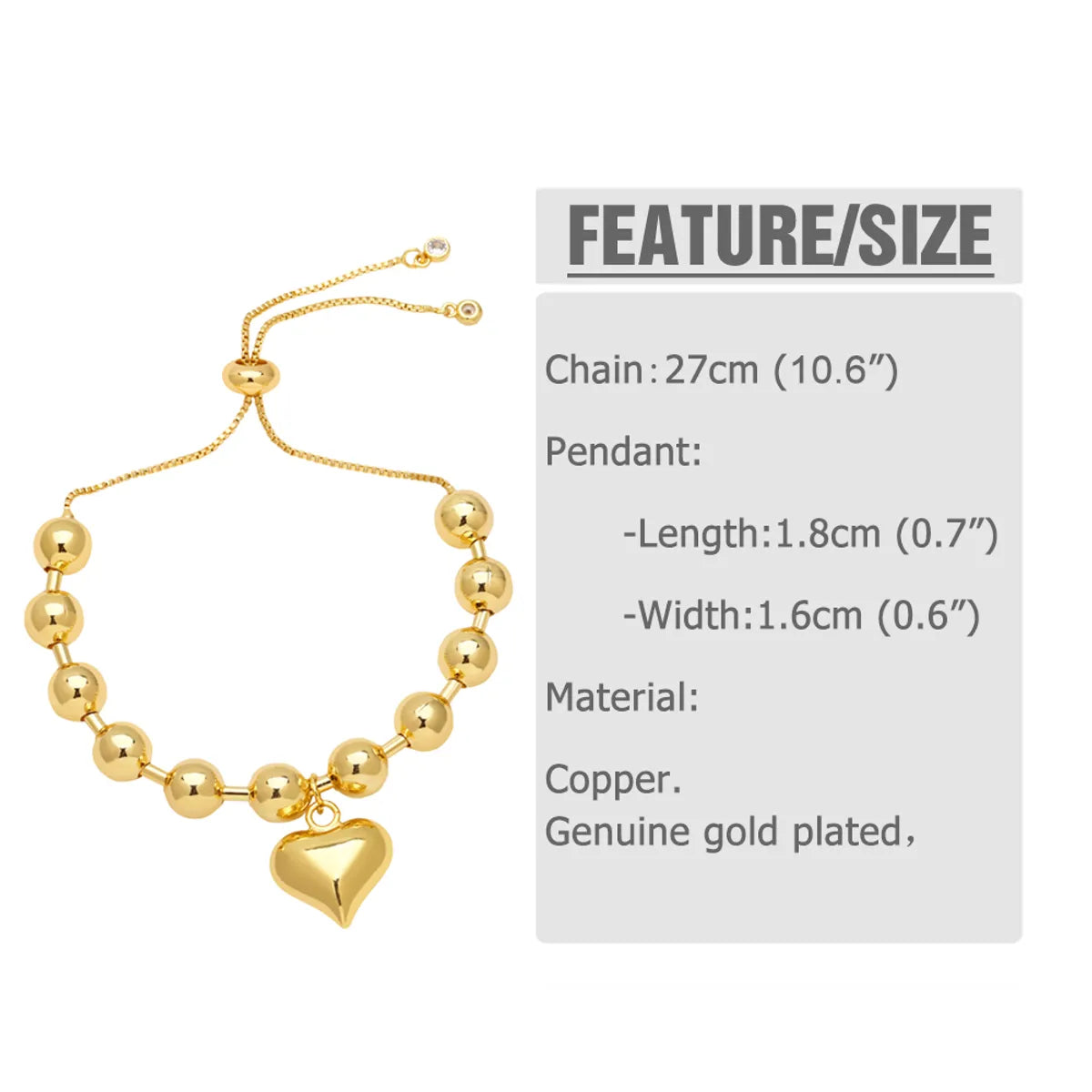 Sweet Simple Style Heart Shape Copper Plating 18k Gold Plated Bracelets