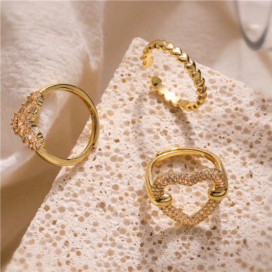 Sweet Simple Style Heart Shape Copper Plating Hollow Out Inlay Zircon 18k Gold Plated Open Rings