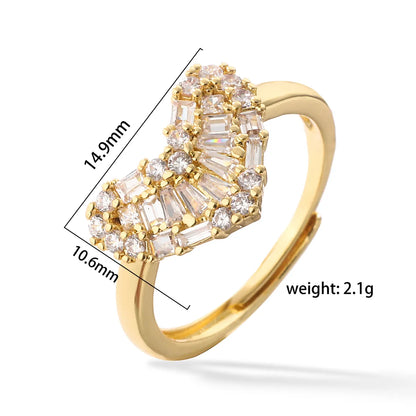 Sweet Simple Style Heart Shape Copper Plating Hollow Out Inlay Zircon 18k Gold Plated Open Rings