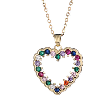 Sweet Simple Style Heart Shape Copper Plating Hollow Out Inlay Zircon Gold Plated Pendant Necklace