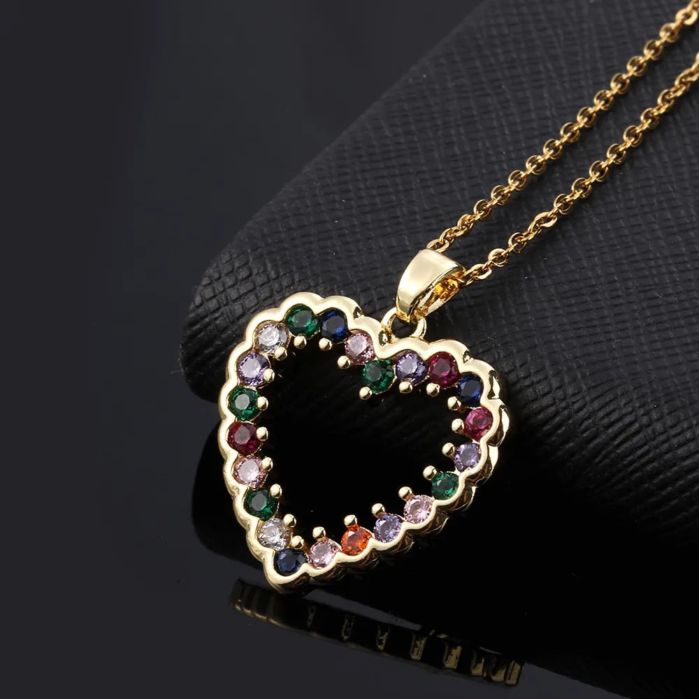 Sweet Simple Style Heart Shape Copper Plating Hollow Out Inlay Zircon Gold Plated Pendant Necklace