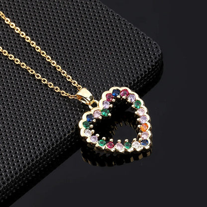 Sweet Simple Style Heart Shape Copper Plating Hollow Out Inlay Zircon Gold Plated Pendant Necklace