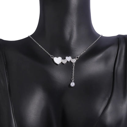 Sweet Simple Style Heart Shape Stainless Steel Copper Plating Inlay Pearl Zircon White Gold Plated Pendant Necklace