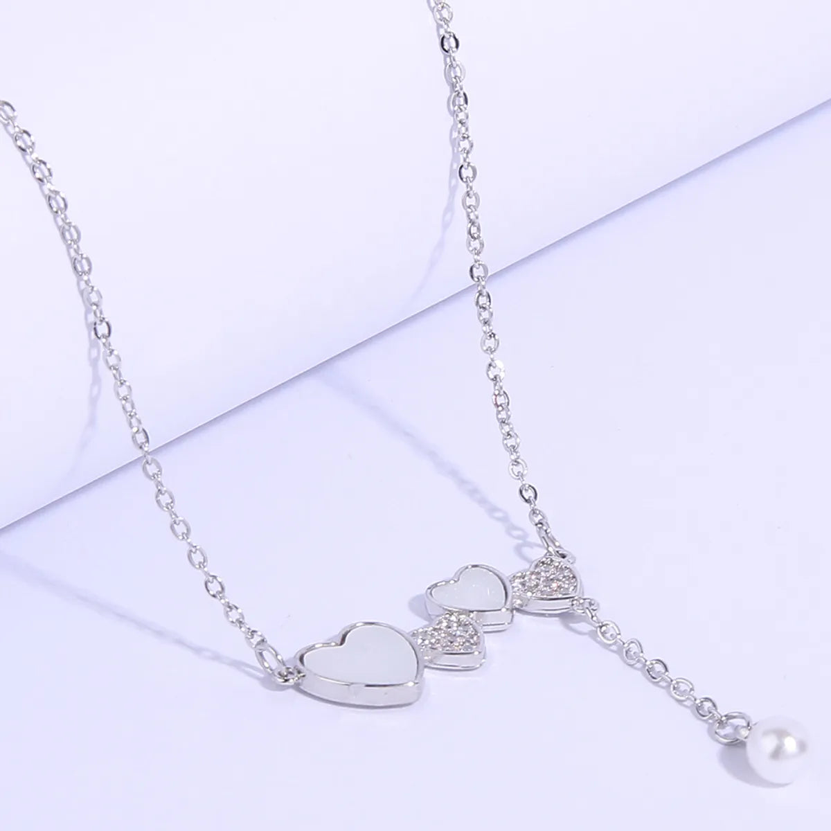 Sweet Simple Style Heart Shape Stainless Steel Copper Plating Inlay Pearl Zircon White Gold Plated Pendant Necklace