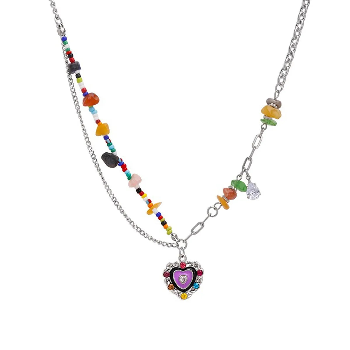 Sweet Simple Style Heart Shape Titanium Steel Inlay Rhinestones Layered Necklaces