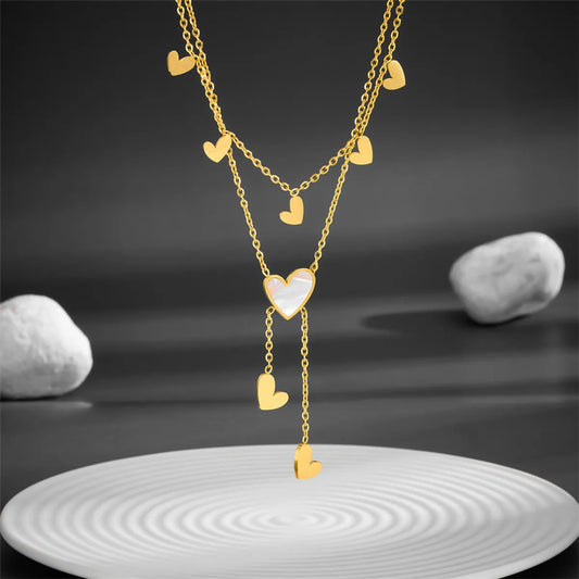 Sweet Simple Style Heart Shape Titanium Steel Inlay Shell Layered Necklaces