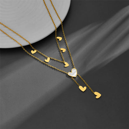 Sweet Simple Style Heart Shape Titanium Steel Inlay Shell Layered Necklaces