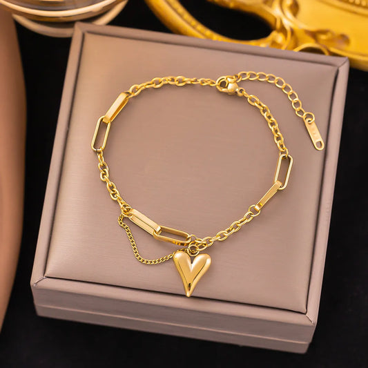 Wholesale Jewelry Sweet Simple Style Heart Shape 304 Stainless Steel 18K Gold Plated Plating Chain Bracelets Necklace