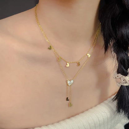 Sweet Simple Style Heart Shape Titanium Steel Plating Inlay Shell 18k Gold Plated Layered Necklaces