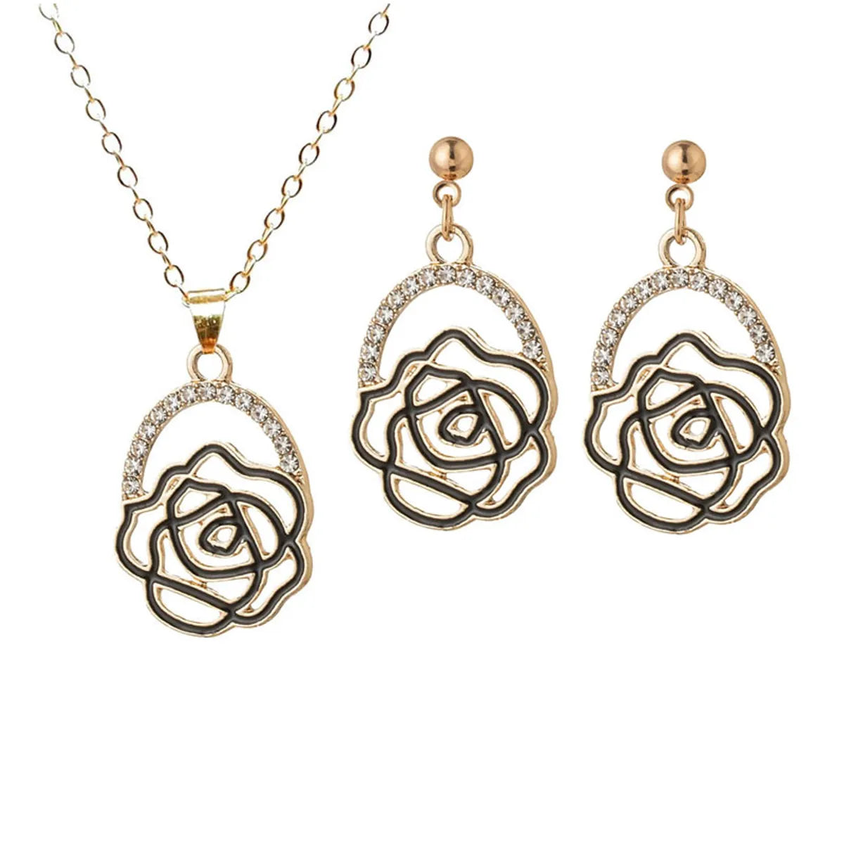 Sweet Simple Style Rose Flower Alloy Plating Hollow Out Rhinestones Gold Plated Silver Plated Women's Drop Earrings