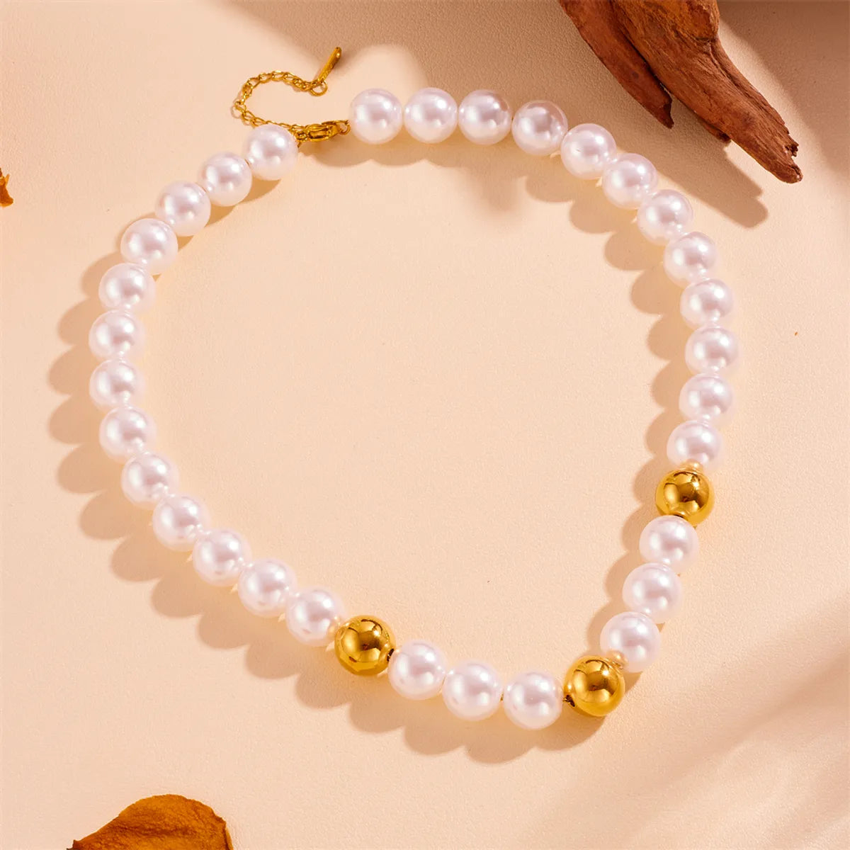 Sweet Simple Style Round Artificial Pearl Titanium Steel Inlay Artificial Pearls 18K Gold Plated Women'S Necklace Jewelry Set