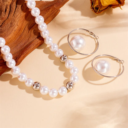 Sweet Simple Style Round Artificial Pearl Titanium Steel Inlay Artificial Pearls 18K Gold Plated Women'S Necklace Jewelry Set