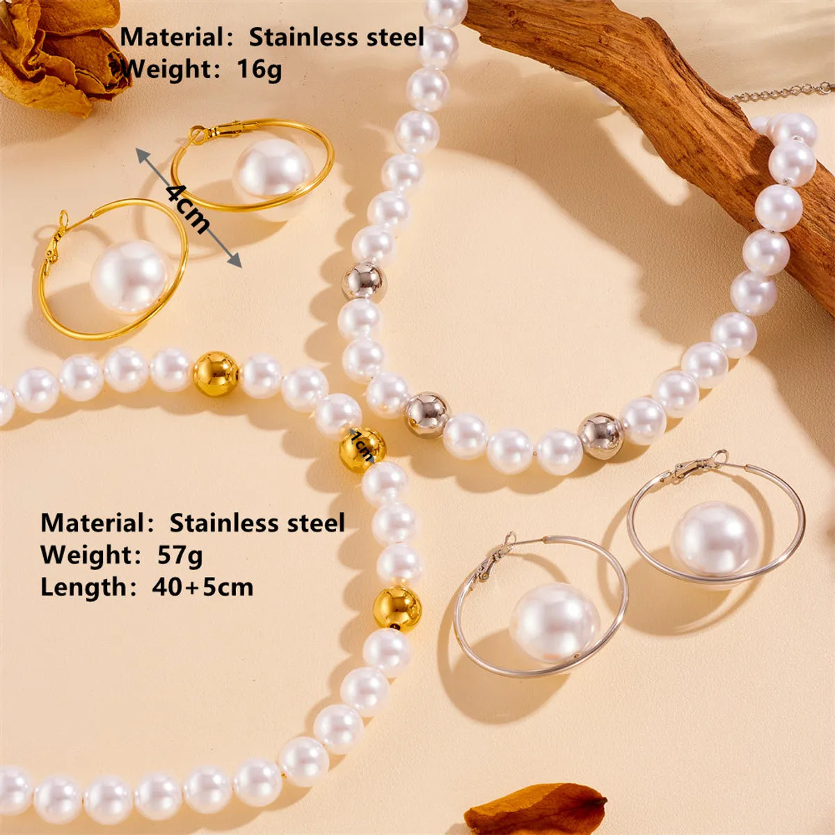 Sweet Simple Style Round Artificial Pearl Titanium Steel Inlay Artificial Pearls 18K Gold Plated Women'S Necklace Jewelry Set