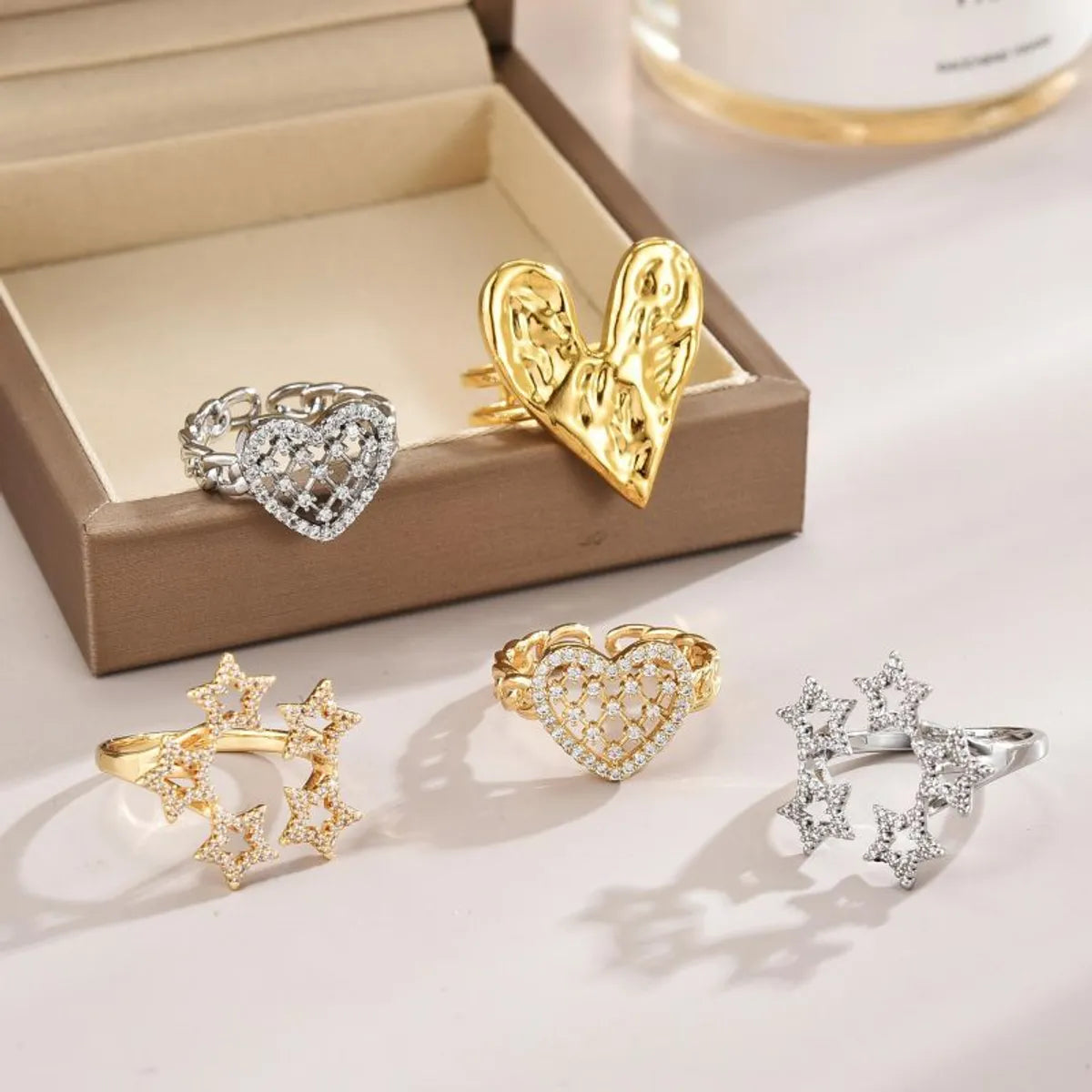 Sweet Simple Style Star Heart Shape Stainless Steel Copper Plating Zircon 18k Gold Plated White Gold Plated Adjustable Ring