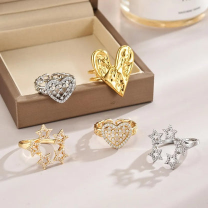 Sweet Simple Style Star Heart Shape Stainless Steel Copper Plating Zircon 18k Gold Plated White Gold Plated Adjustable Ring