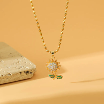 Sweet Simple Style Sunflower Stainless Steel Copper Plating Inlay Zircon 18k Gold Plated Pendant Necklace