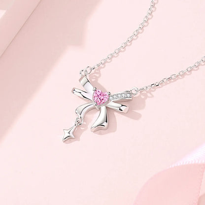 Sweet Simple Style Tassel Heart Shape Bow Knot 925 Silver Zircon Pendant Necklace