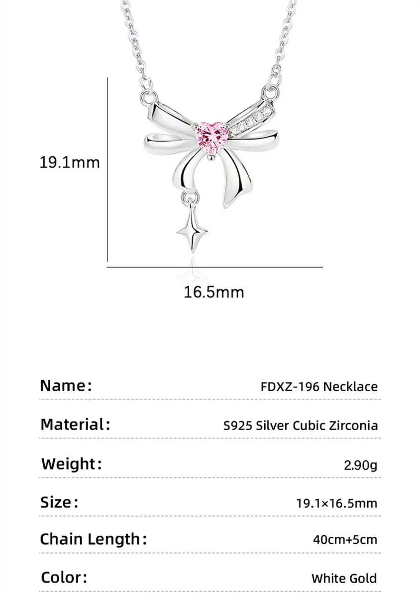 Sweet Simple Style Tassel Heart Shape Bow Knot 925 Silver Zircon Pendant Necklace