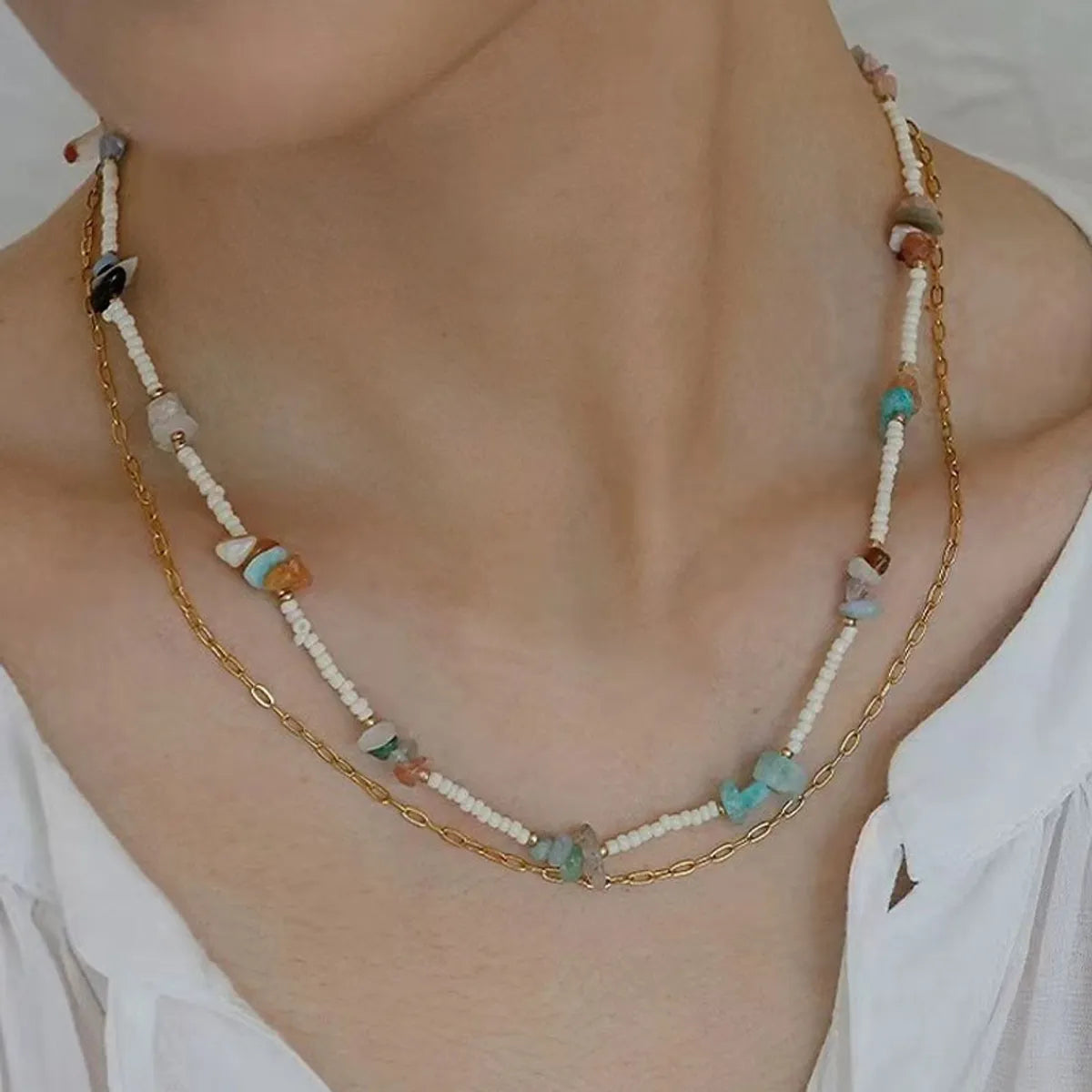 Sweet Solid Color Stainless Steel Natural Stone Necklace In Bulk