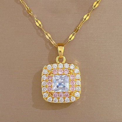 Sweet Square Titanium Steel Copper Plating Inlay Artificial Diamond Pendant Necklace