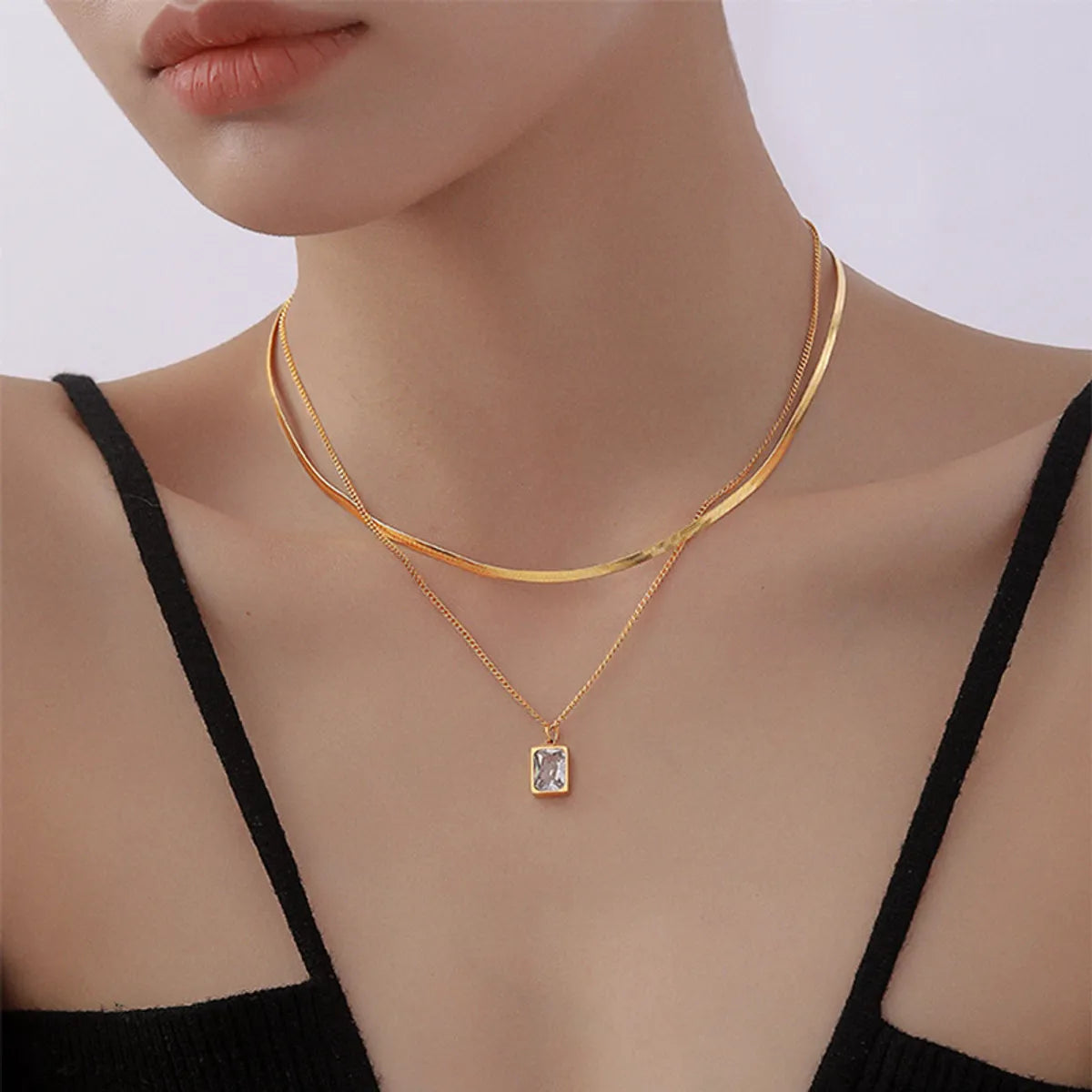 Sweet Square Titanium Steel Plating Inlay Artificial Gemstones 18k Gold Plated Layered Necklaces