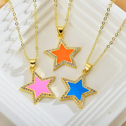 Sweet Star Copper Enamel Plating Inlay Rhinestones Pendant Necklace