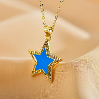 Sweet Star Copper Enamel Plating Inlay Rhinestones Pendant Necklace