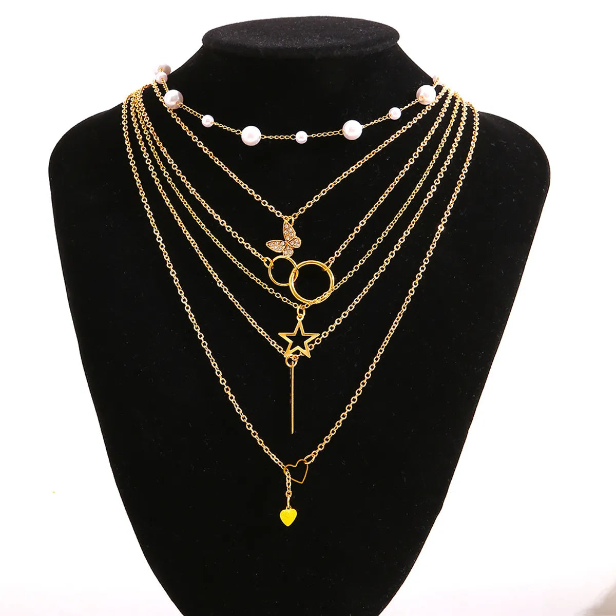 Sweet Star Heart Shape Butterfly Imitation Pearl Alloy Tassel Plating Inlay Zircon Necklace