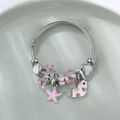 Sweet Starfish Heart Shape Stainless Steel Inlay Artificial Gemstones Bangle