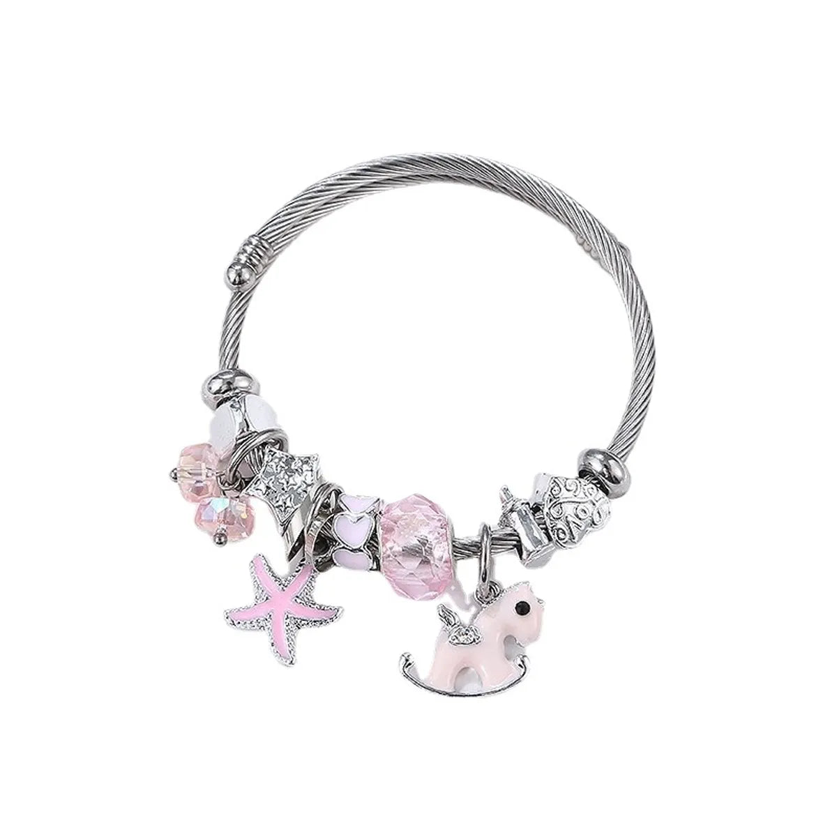 Sweet Starfish Heart Shape Stainless Steel Inlay Artificial Gemstones Bangle