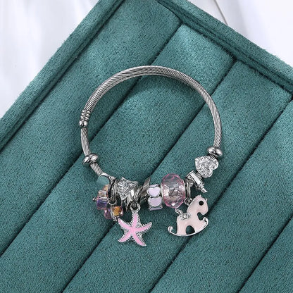 Sweet Starfish Heart Shape Stainless Steel Inlay Artificial Gemstones Bangle