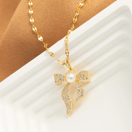 Sweet Streetwear Bow Knot Stainless Steel Plating Inlay Pearl Zircon 18k Gold Plated Pendant Necklace