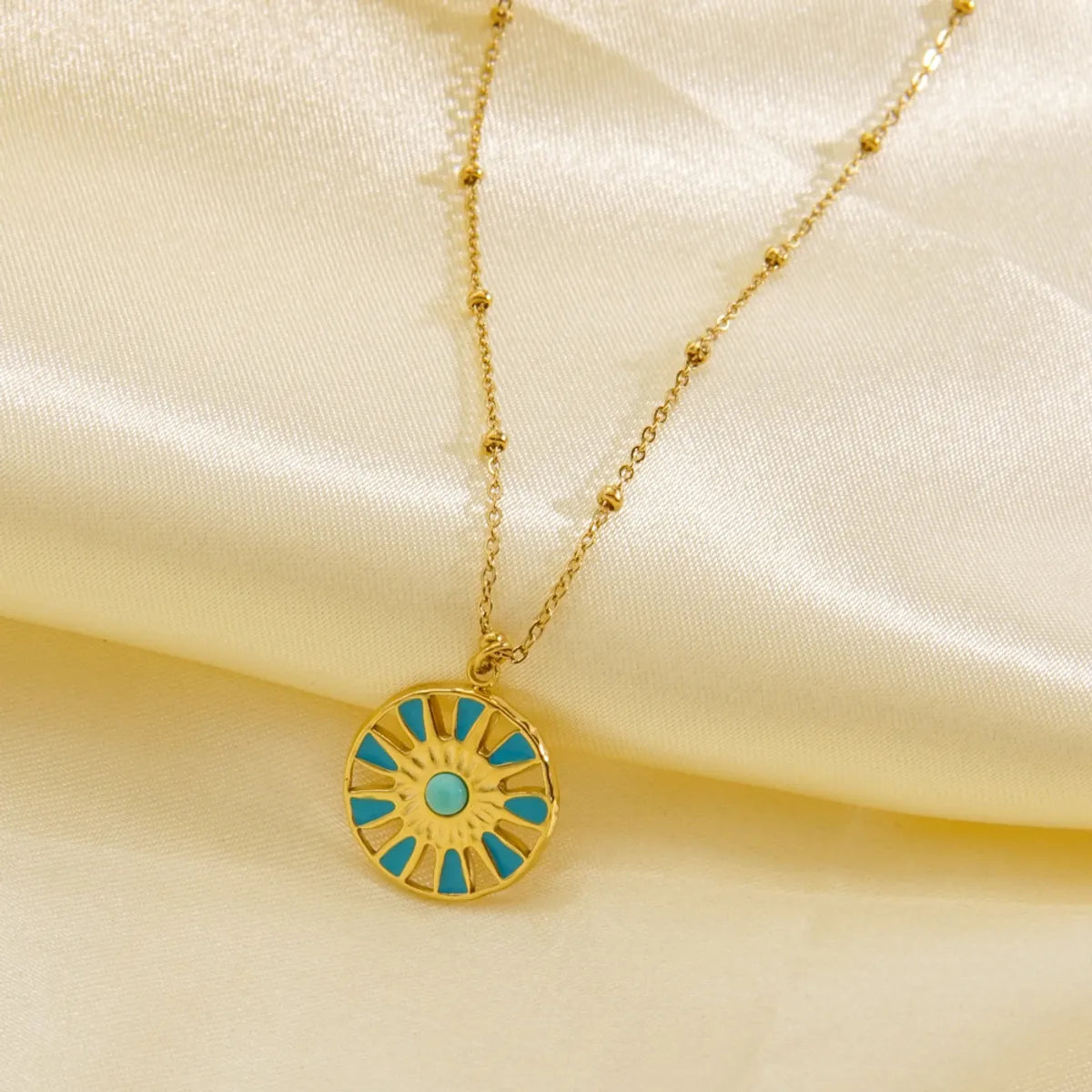 Sweet Sun Titanium Steel Enamel Inlay Natural Stone Pendant Necklace