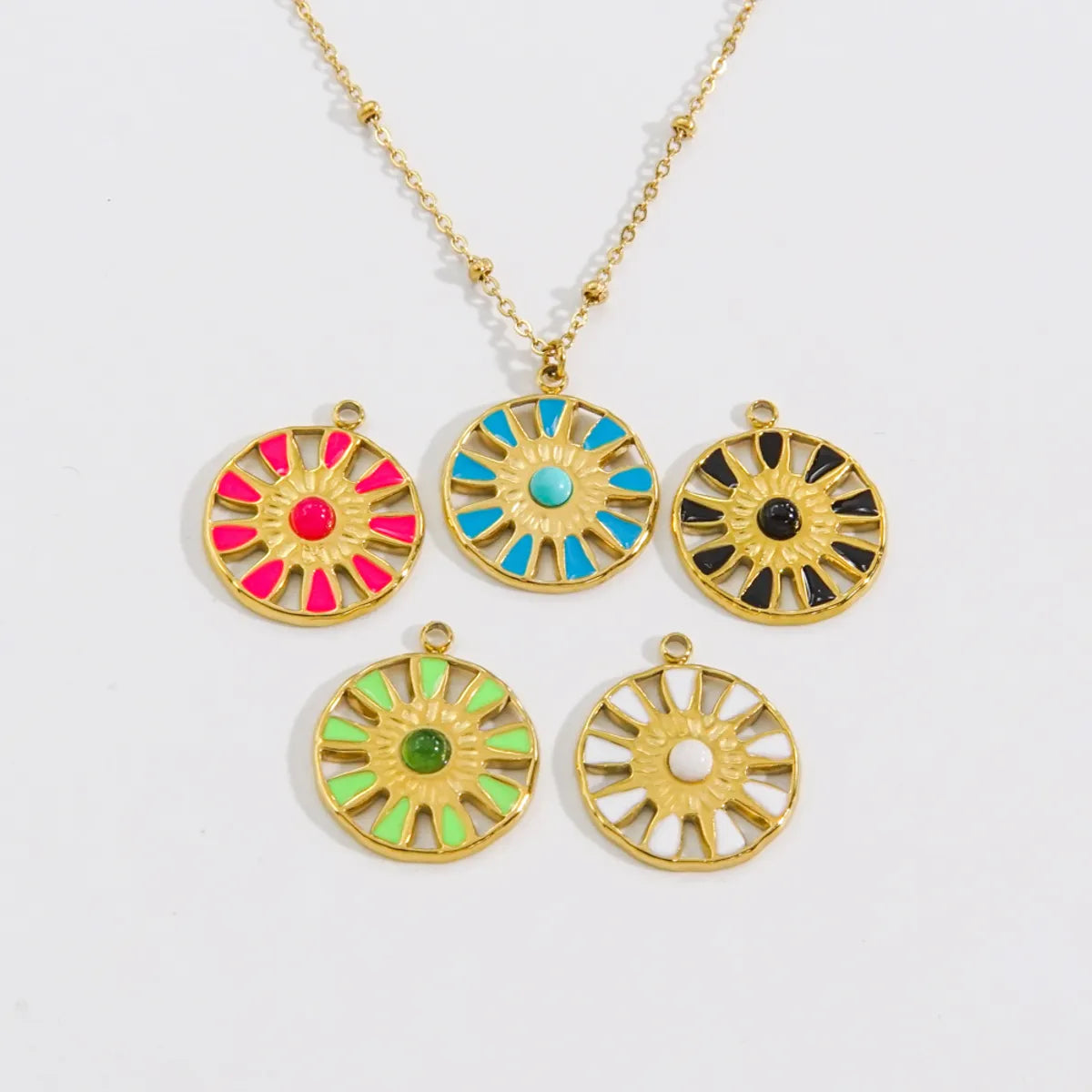 Sweet Sun Titanium Steel Enamel Inlay Natural Stone Pendant Necklace