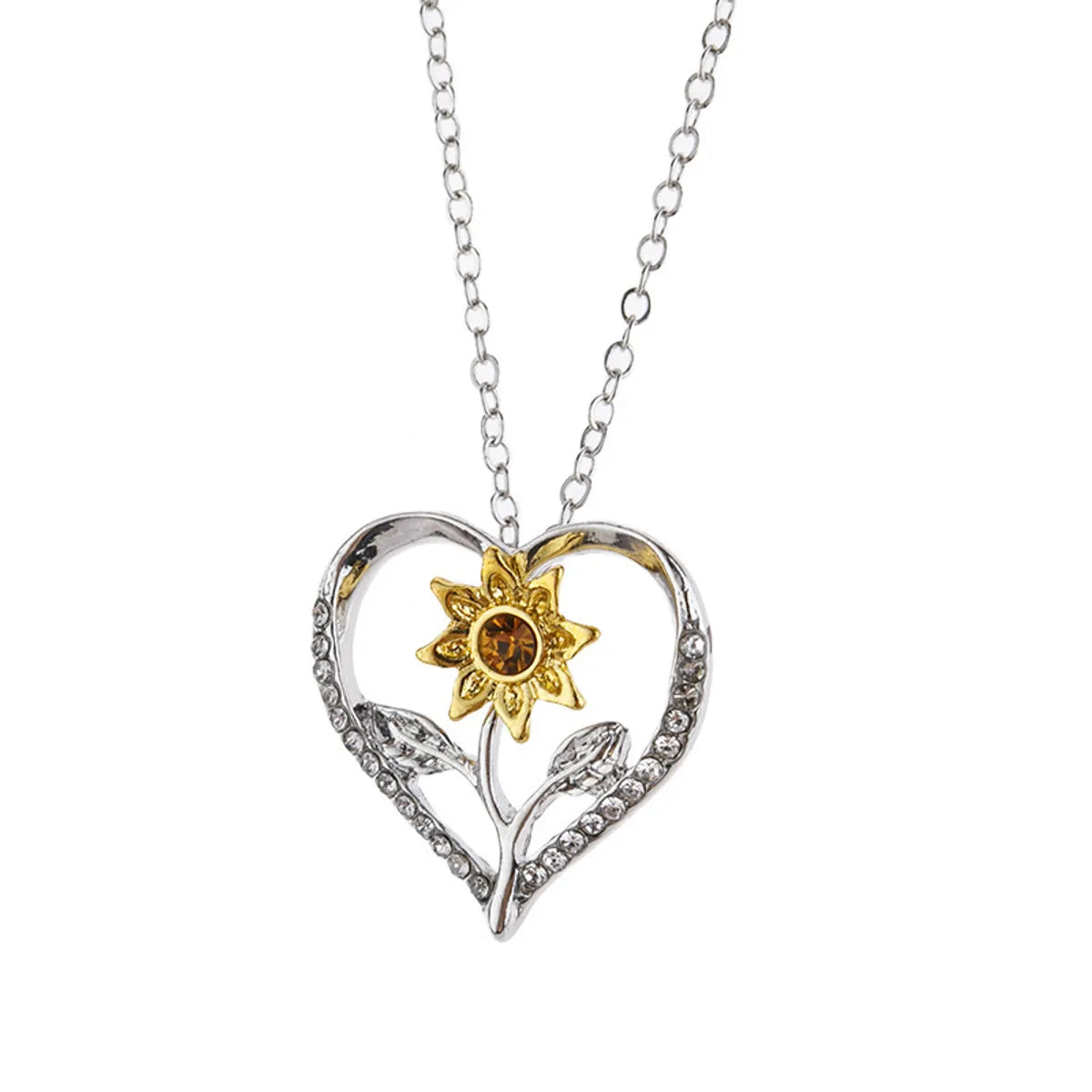 Sweet Sunflower Heart Shape Alloy Iron Plating Inlay Rhinestones White Gold Plated Women's Pendant Necklace