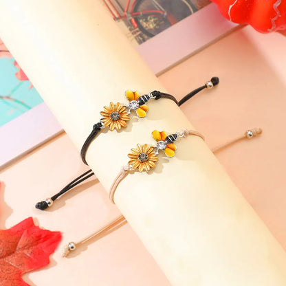 Sweet Sunflower Plant Bee Ccb Pu Leather Alloy Enamel Plating Inlay Rhinestones Gold Plated Rhodium Plated Unisex Drawstring Bracelets