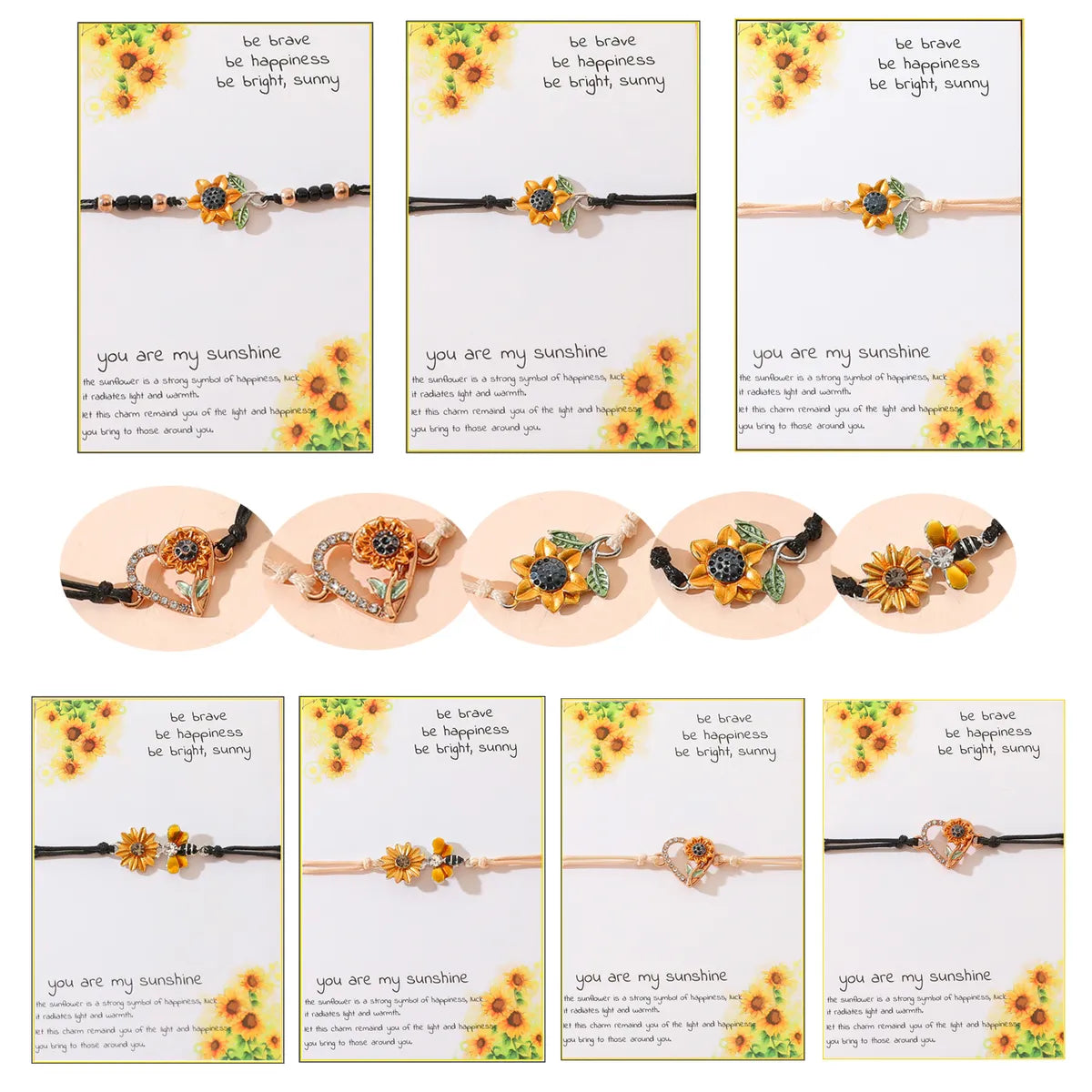 Sweet Sunflower Plant Bee Ccb Pu Leather Alloy Enamel Plating Inlay Rhinestones Gold Plated Rhodium Plated Unisex Drawstring Bracelets