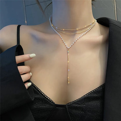 Sweet Tassel Imitation Pearl Alloy Rhinestone Women'S Layered Necklaces