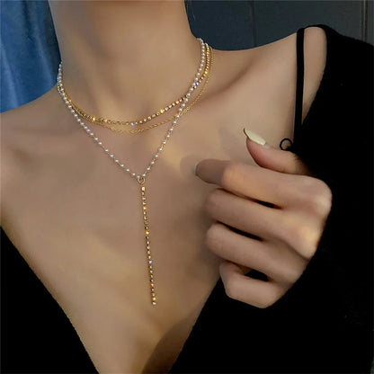 Sweet Tassel Imitation Pearl Alloy Rhinestone Women'S Layered Necklaces